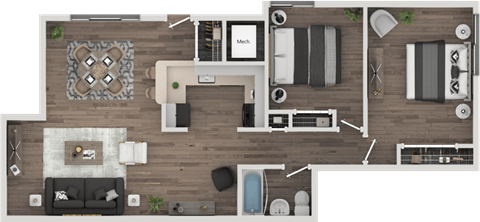 Oak Two Bedroom Floor Plan with 812-897 Sq. Ft. at Autumn Woods, Bladensburg, MD